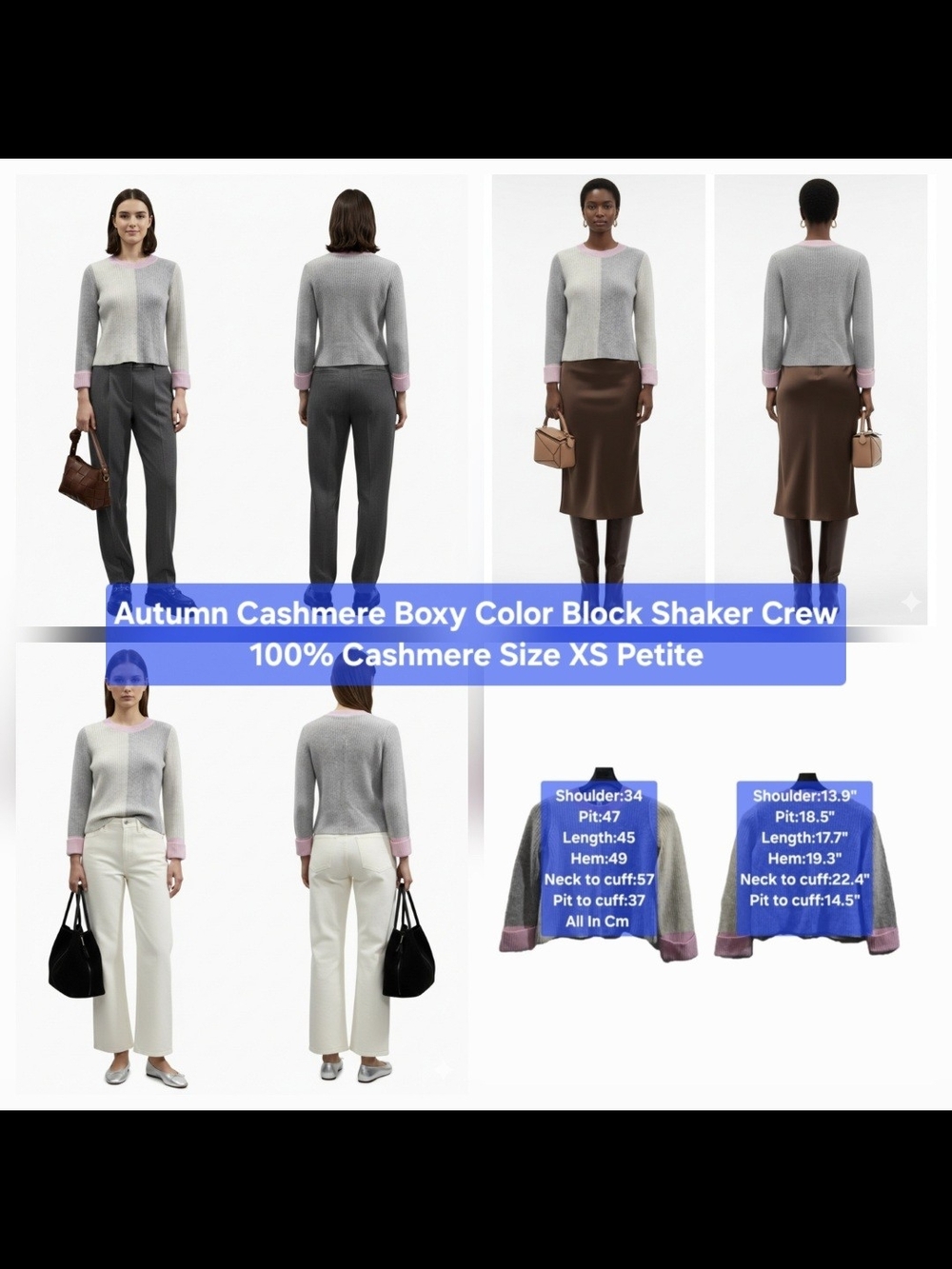 Autumn Cashmere Boxy Color Block Shaker Crew 100% Cashmere Size XS Petite